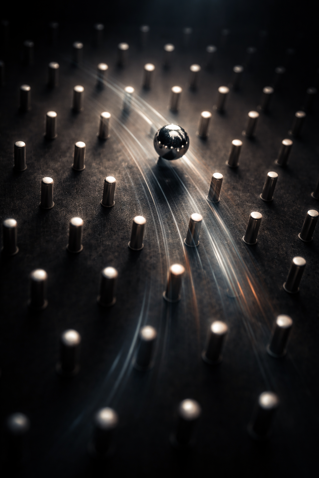 A single ball bouncing between nails as it falls, with a highlighted path.