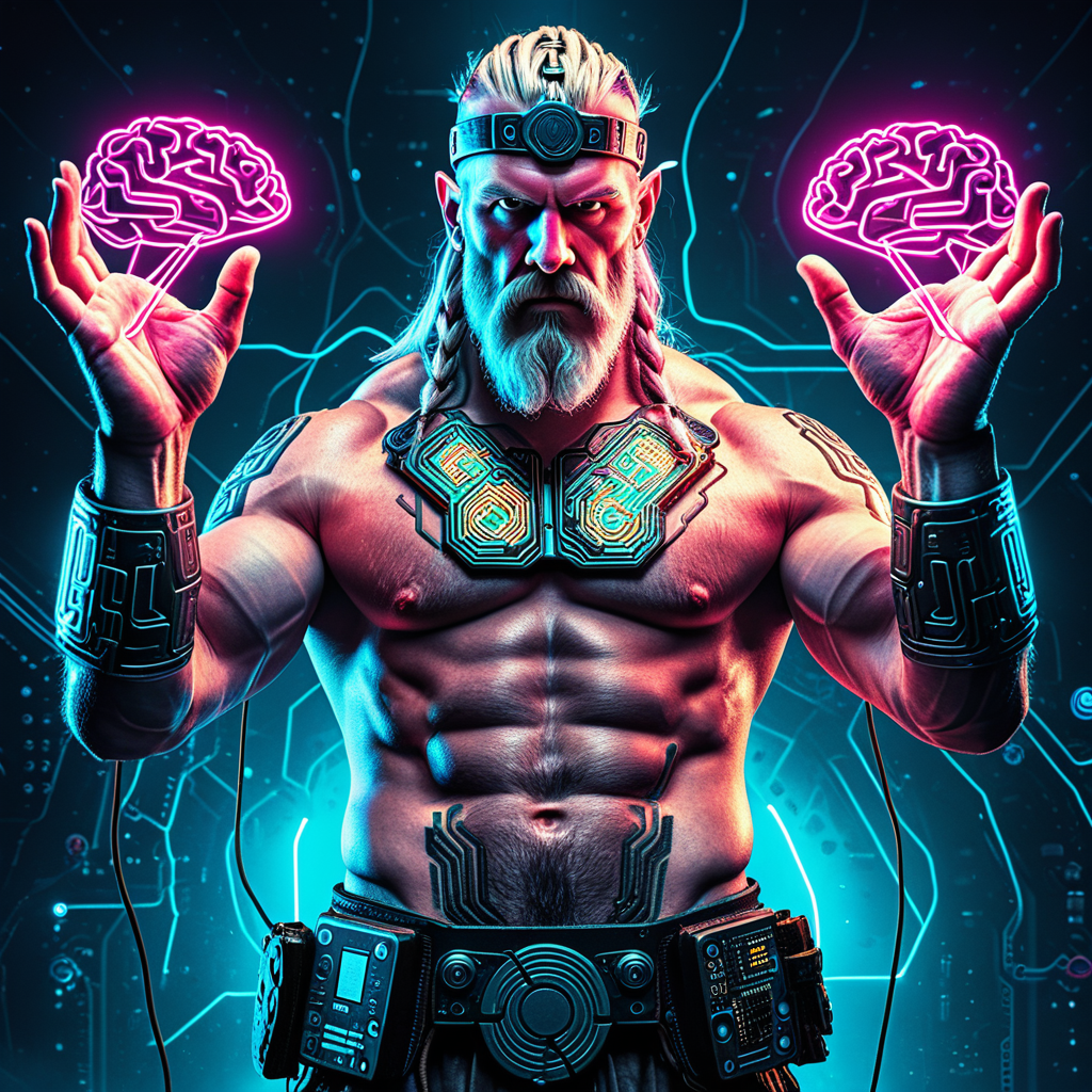 Techno-Norse figure holding two neon brains, representing human + AI co-development.